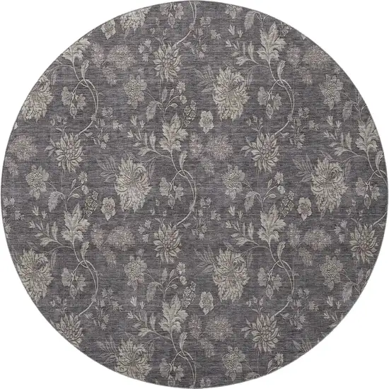 8' Taupe And Beige Floral Washable Round Rug With UV Protection Photo 3
