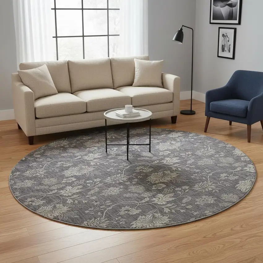 8' Taupe And Beige Floral Washable Round Rug With UV Protection Photo 2