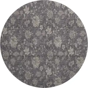 Photo of 8' Taupe And Beige Floral Washable Round Rug With UV Protection