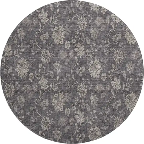 8' Taupe And Beige Floral Washable Round Rug With UV Protection Photo 1