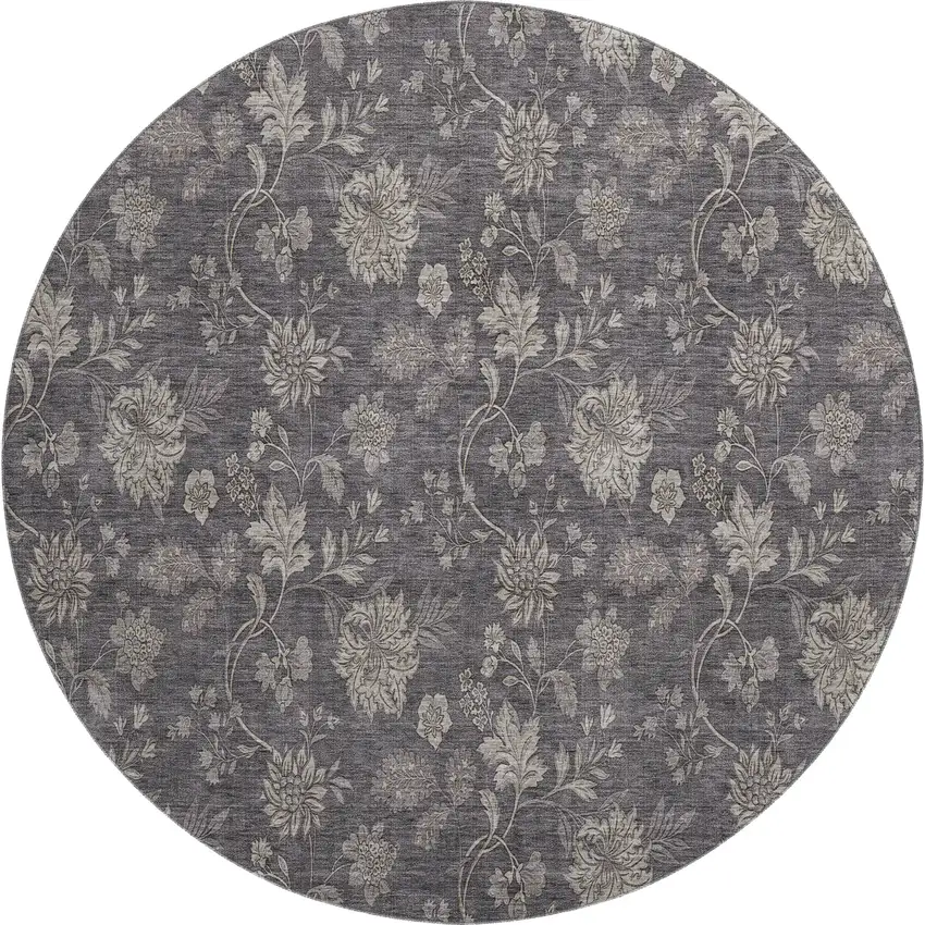 8' Taupe And Beige Floral Washable Round Rug With UV Protection Photo 1