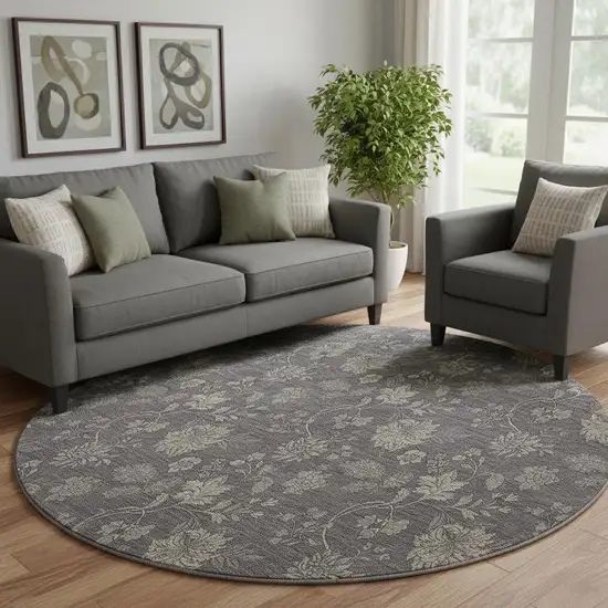 8' Taupe And Beige Floral Washable Round Rug With UV Protection Photo 1