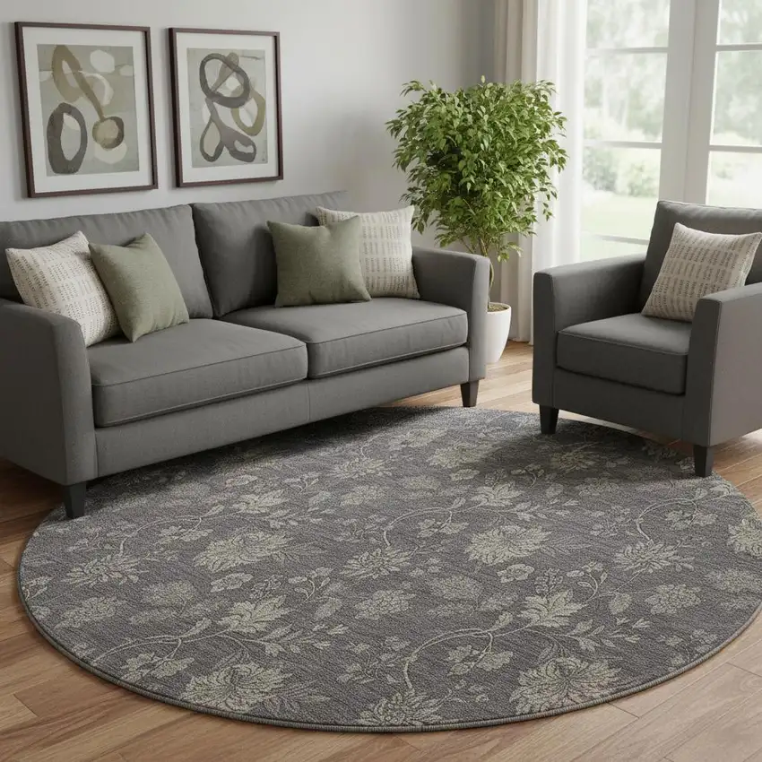 8' Taupe And Beige Floral Washable Round Rug With UV Protection Photo 1
