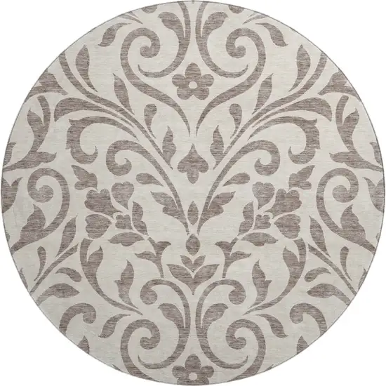 8' Taupe And Beige Floral Washable Round Rug With UV Protection Photo 1