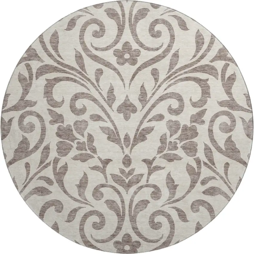 8' Taupe And Beige Floral Washable Round Rug With UV Protection Photo 1