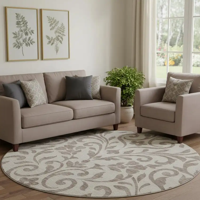 8' Taupe And Beige Floral Washable Round Rug With UV Protection Photo 1