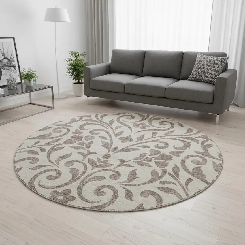 8' Taupe And Beige Floral Washable Round Rug With UV Protection Photo 2