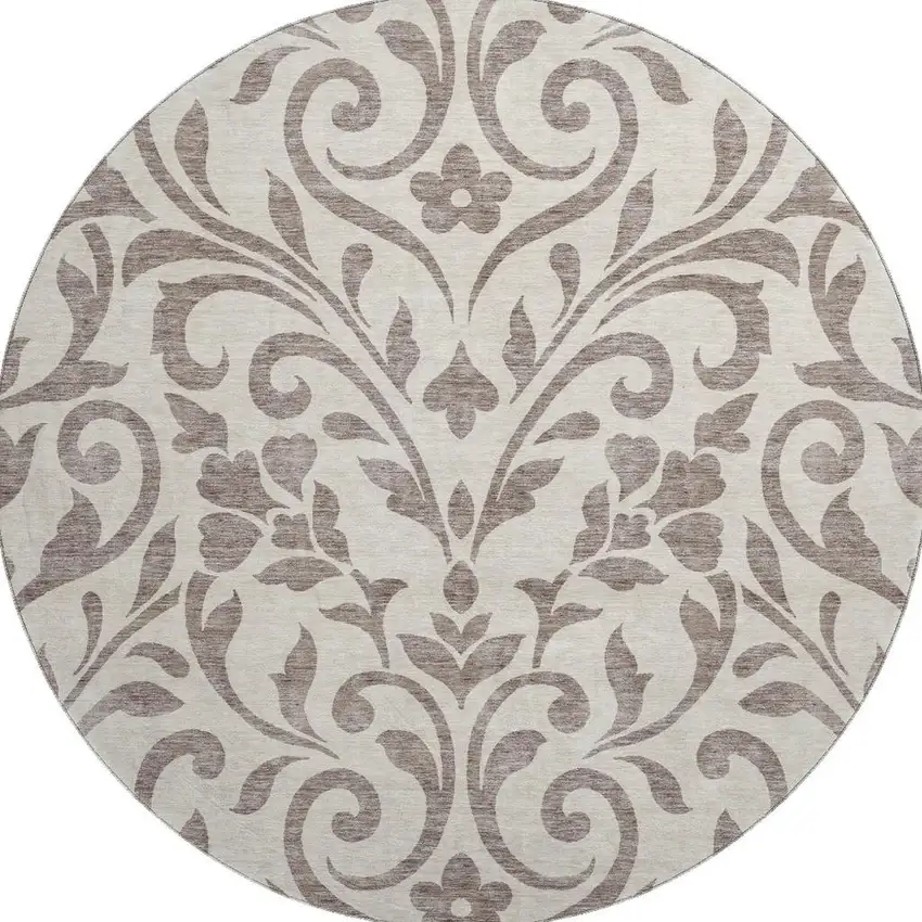 8' Taupe And Beige Floral Washable Round Rug With UV Protection Photo 4