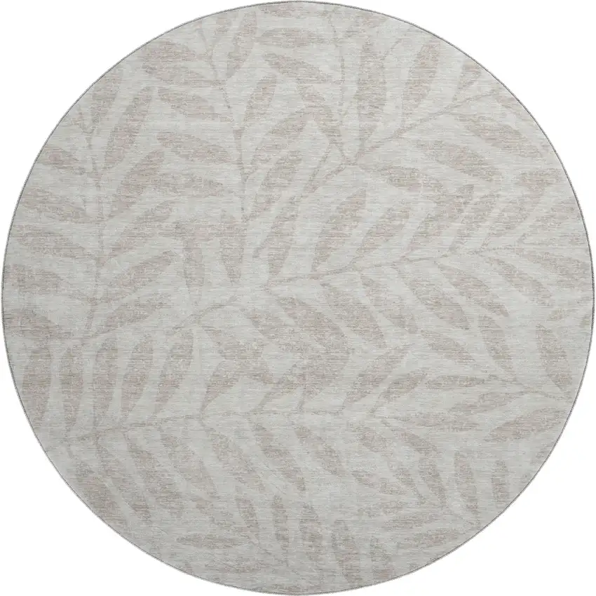 8' Taupe And Beige Floral Washable Round Rug With UV Protection Photo 1