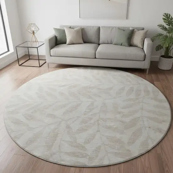 8' Taupe And Beige Floral Washable Round Rug With UV Protection Photo 2