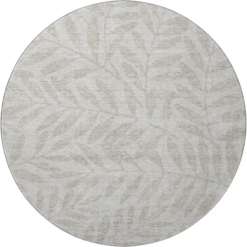8' Taupe And Beige Floral Washable Round Rug With UV Protection Photo 4
