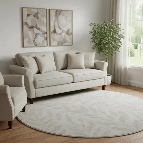 8' Taupe And Beige Floral Washable Round Rug With UV Protection Photo 1