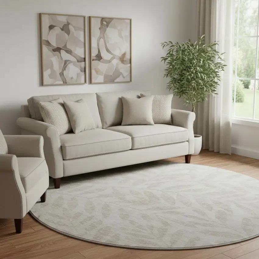 8' Taupe And Beige Floral Washable Round Rug With UV Protection Photo 1