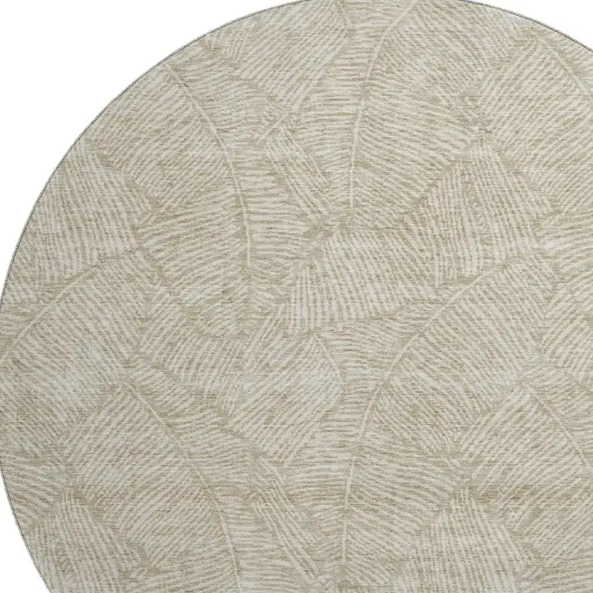 8' Taupe And Beige Floral Washable Round Rug With UV Protection Photo 3