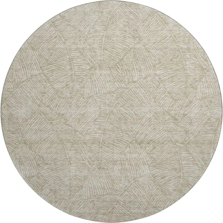 8' Taupe And Beige Floral Washable Round Rug With UV Protection Photo 1