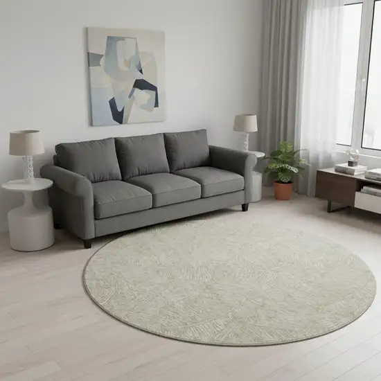 8' Taupe And Beige Floral Washable Round Rug With UV Protection Photo 2