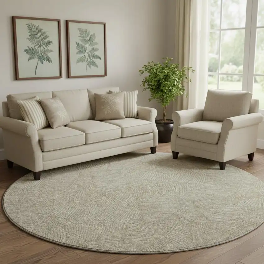 8' Taupe And Beige Floral Washable Round Rug With UV Protection Photo 1