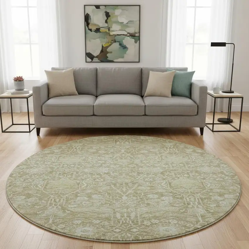 8' Taupe And Beige Floral Washable Round Rug With UV Protection Photo 2