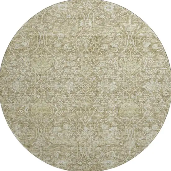 8' Taupe And Beige Floral Washable Round Rug With UV Protection Photo 3