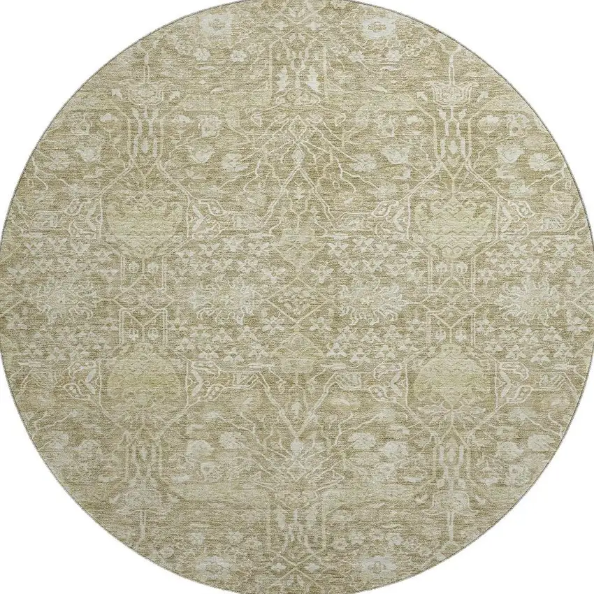 8' Taupe And Beige Floral Washable Round Rug With UV Protection Photo 3