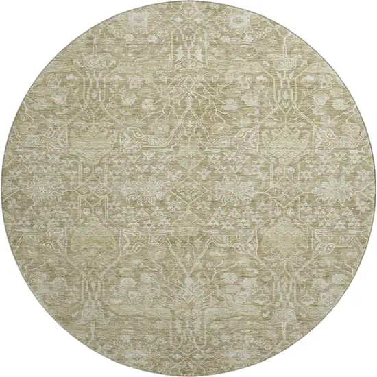 8' Taupe And Beige Floral Washable Round Rug With UV Protection Photo 1