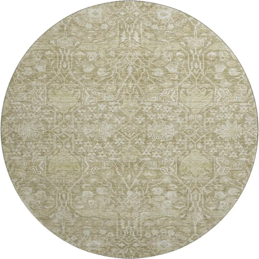 8' Taupe And Beige Floral Washable Round Rug With UV Protection Photo 1