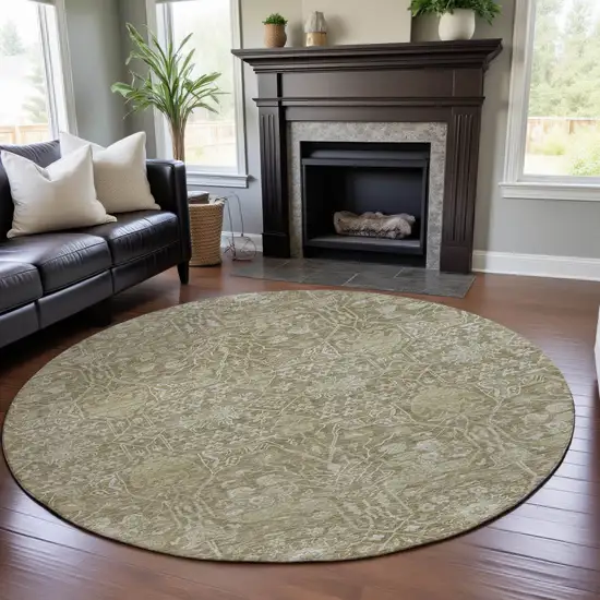 8' Taupe And Beige Floral Washable Round Rug With UV Protection Photo 4
