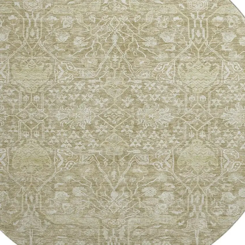 8' Taupe And Beige Floral Washable Round Rug With UV Protection Photo 2