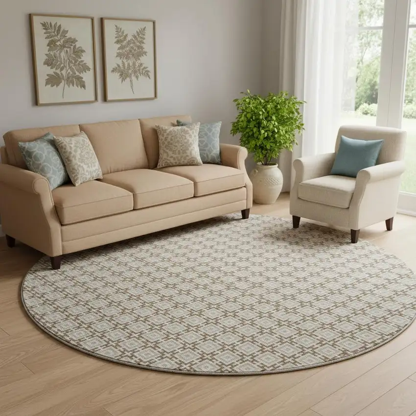 8' Taupe And Beige Geometric Washable Round Rug With UV Protection Photo 1