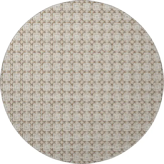 8' Taupe And Beige Geometric Washable Round Rug With UV Protection Photo 5