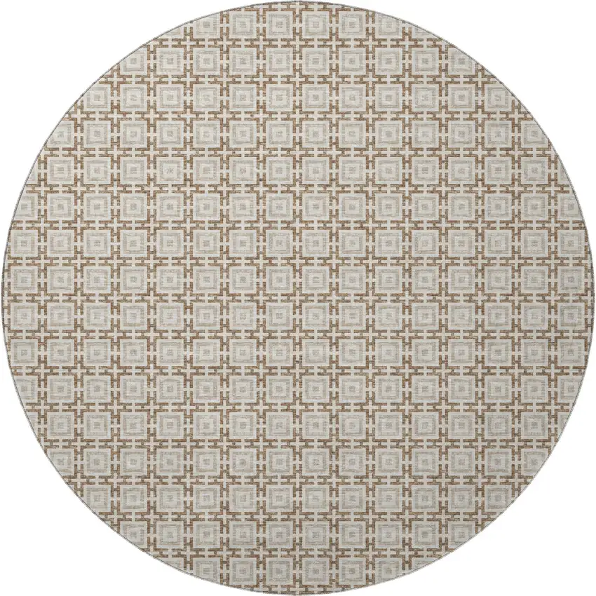 8' Taupe And Beige Geometric Washable Round Rug With UV Protection Photo 5