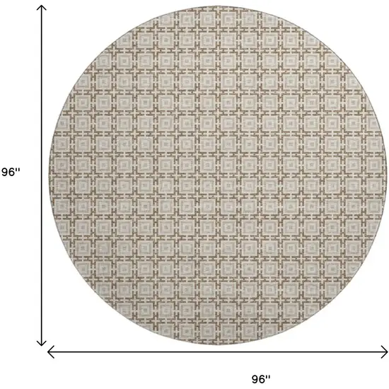 8' Taupe And Beige Geometric Washable Round Rug With UV Protection Photo 3