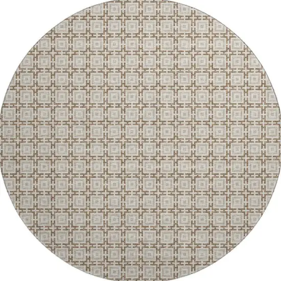 8' Taupe And Beige Geometric Washable Round Rug With UV Protection Photo 4