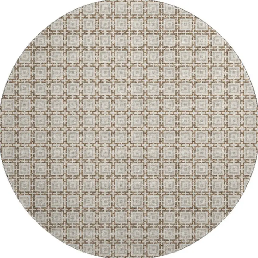 8' Taupe And Beige Geometric Washable Round Rug With UV Protection Photo 4