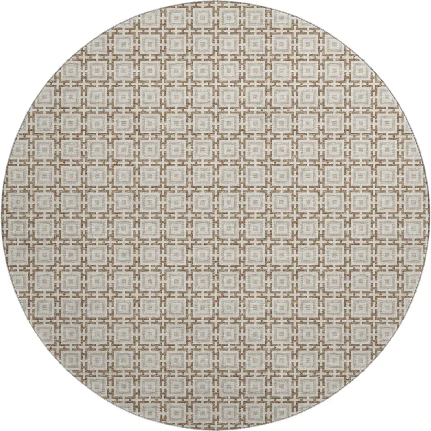 8' Taupe And Beige Geometric Washable Round Rug With UV Protection Photo 2
