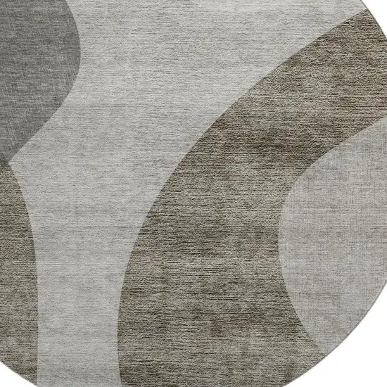 8' Taupe And Beige Geometric Washable Round Rug With UV Protection Photo 3