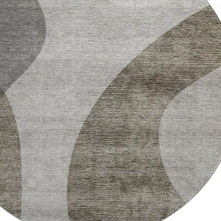 8' Taupe And Beige Geometric Washable Round Rug With UV Protection Photo 3