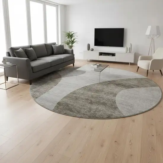 8' Taupe And Beige Geometric Washable Round Rug With UV Protection Photo 2