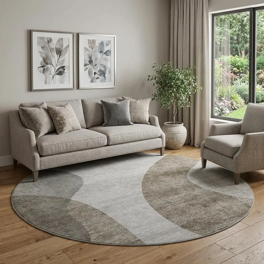 8' Taupe And Beige Geometric Washable Round Rug With UV Protection Photo 1
