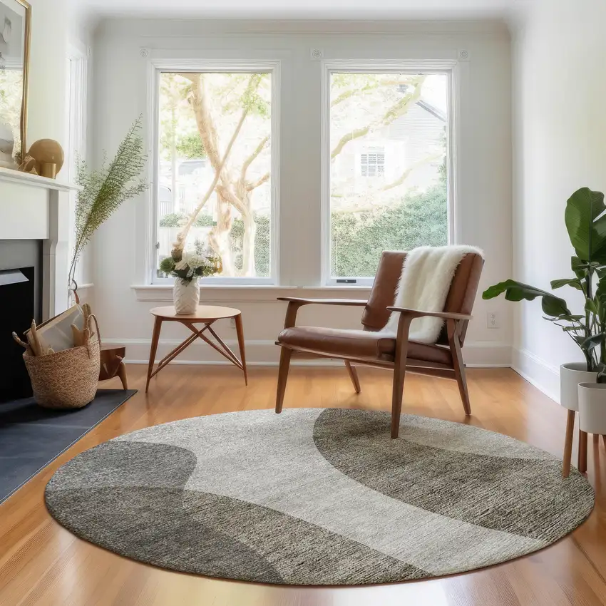 8' Taupe And Beige Geometric Washable Round Rug With UV Protection Photo 5