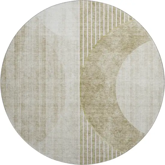 8' Taupe And Beige Geometric Washable Round Rug With UV Protection Photo 1