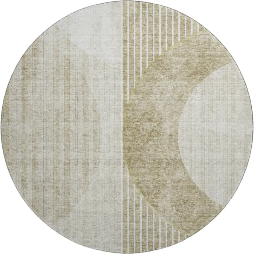 8' Taupe And Beige Geometric Washable Round Rug With UV Protection Photo 1