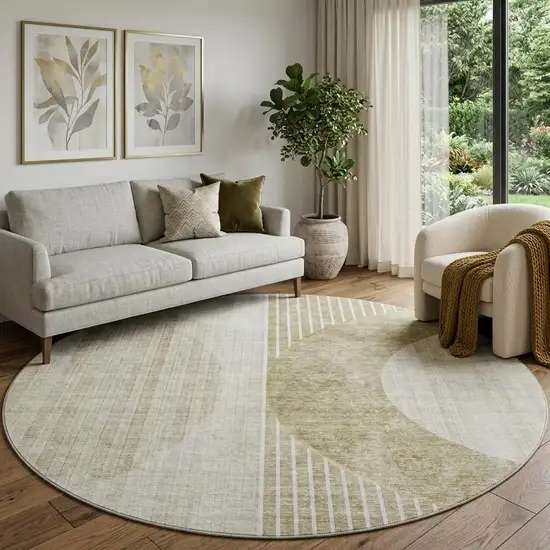 8' Taupe And Beige Geometric Washable Round Rug With UV Protection Photo 1