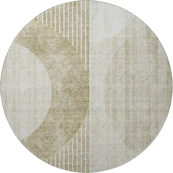 8' Taupe And Beige Geometric Washable Round Rug With UV Protection Photo 3