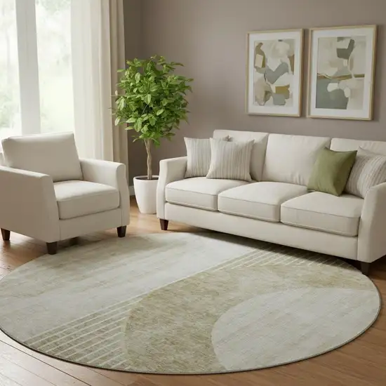 8' Taupe And Beige Geometric Washable Round Rug With UV Protection Photo 1