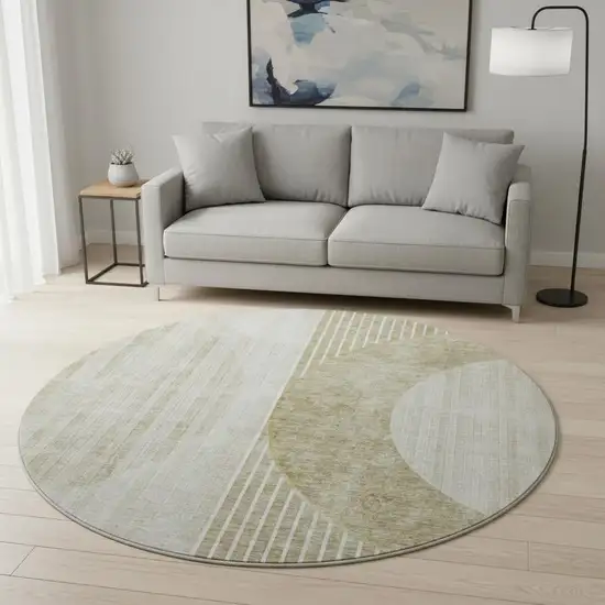 8' Taupe And Beige Geometric Washable Round Rug With UV Protection Photo 2