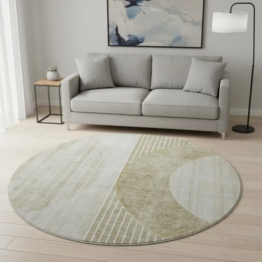 8' Taupe And Beige Geometric Washable Round Rug With UV Protection Photo 2