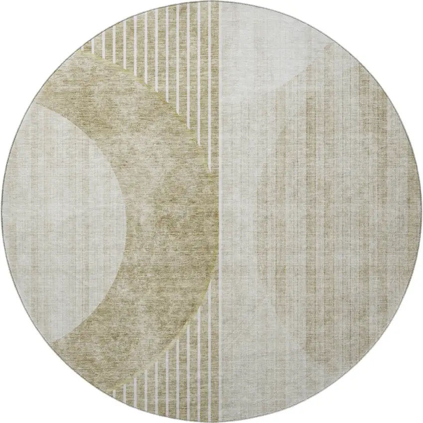 8' Taupe And Beige Geometric Washable Round Rug With UV Protection Photo 4