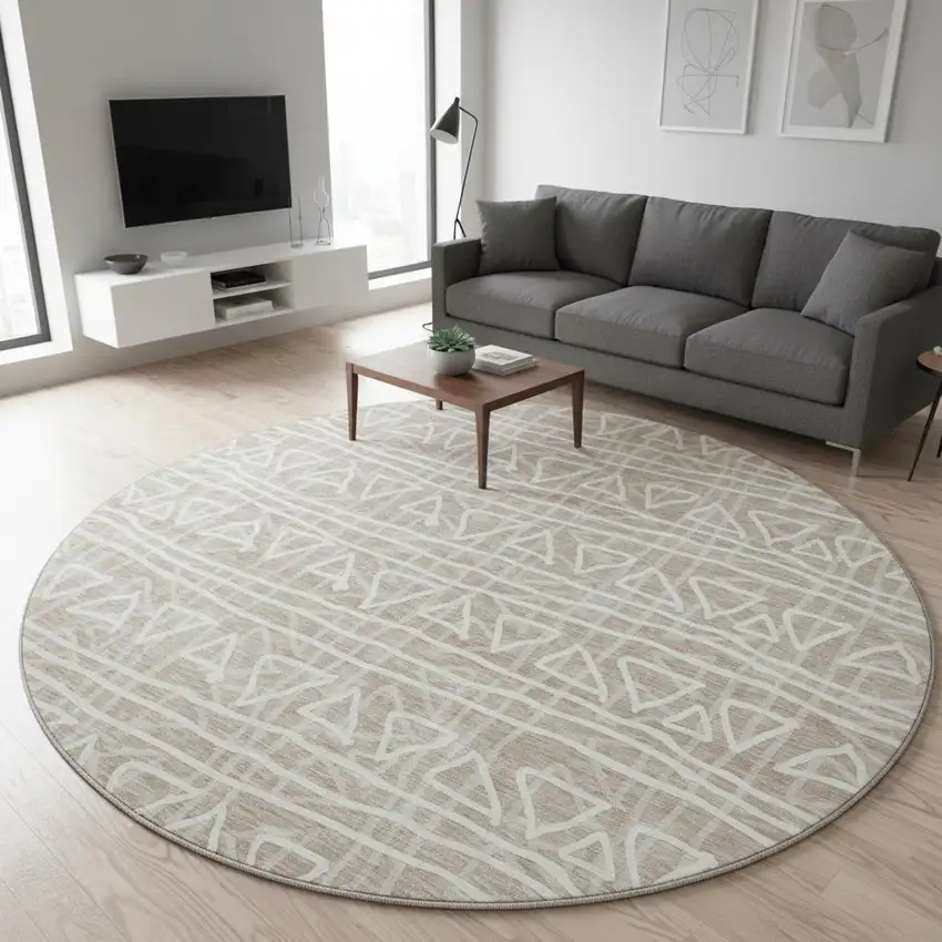 8' Taupe And Beige Geometric Washable Round Rug With UV Protection Photo 2