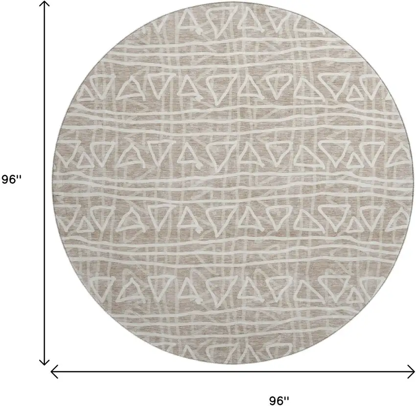 8' Taupe And Beige Geometric Washable Round Rug With UV Protection Photo 9